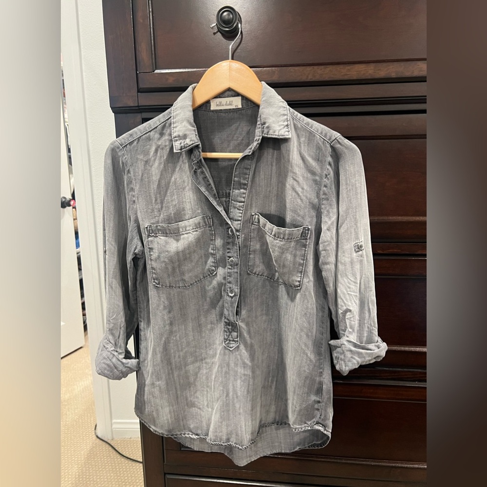 Bella Dahl Western Rolled Tab Sleeved Button Up Shirt Chambray Grey Womens XS